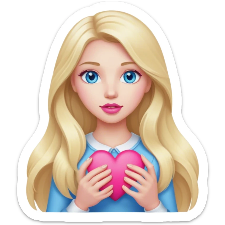 A realistic blonde with long hair and blue eyes and pink lips holds a heart in her hand sticker