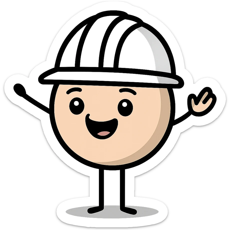 A cute circle character with white hard hat and stick arms and feet, emoji style, more emoji facial expression sticker