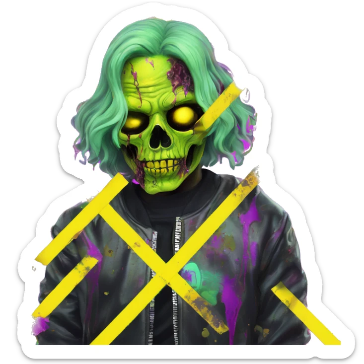 .Zombie_ Vaporwave black holographic oilslick zombie , _vaping_ .vape_ unicorn smoking, yellow caution tape  sticker