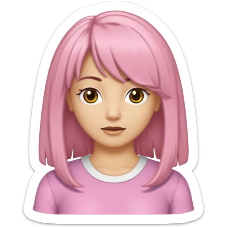 Uma garota de cabelos castanhos escovados médios, side bangs jogada para a direita, uma blusa branca estilo anos 2000 com detalhes em renda óculos com armação douradas e lábios rosados sticker