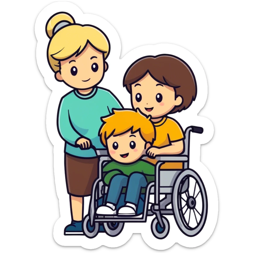 Brown haired son in a wheelchair with blonde women pushing sticker