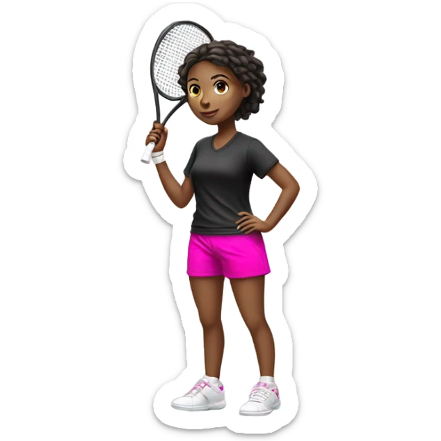 Girl playing tennis in baggy black t shirt and hot pink shorts with white sneakers on sticker