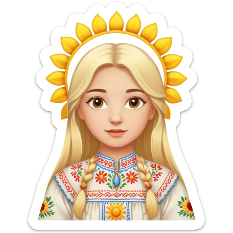 Ukrainian young girl with blonde hair wearing traditional vyshyvanka embroidered shirt holding a bright sun sticker