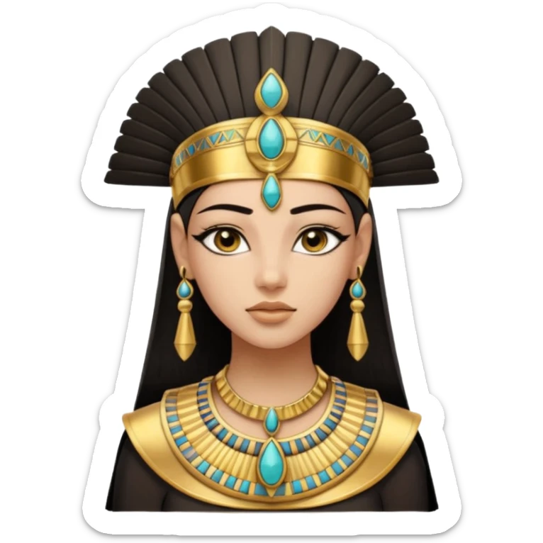 An emoji portrait of a young ancient Egyptian princess. She wears a broad gold collar necklace and a detailed nemes headdress. Her expression is serene and poised. sticker