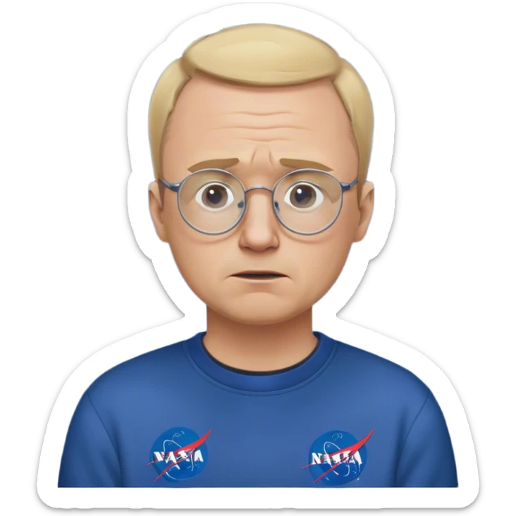 angry fat man, crying like a kid,  blond short and hight receding hairline, wearing a dark blue sweatshirt, nasa logo on the sweatshirt, round glasses without frame, 40 years old sticker