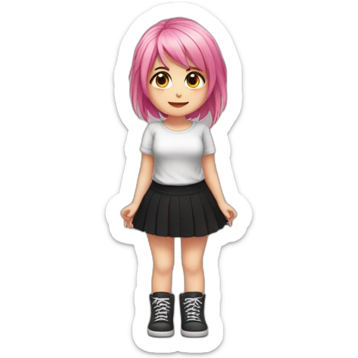 Full body Front view curvy emo girl pink hair sits on the floor straight view hands up black skirt белые трусики полосатые рваные чулки sticker