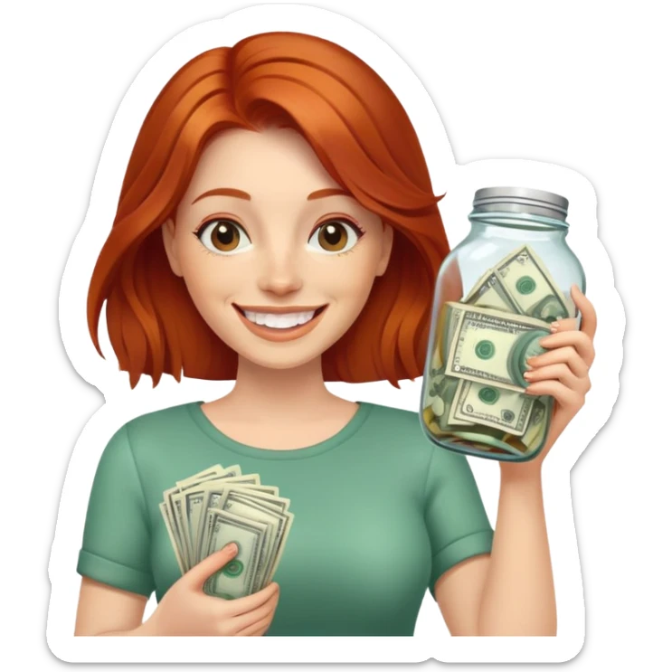 redhead woman with big smile holding glass jar with money bills inside sticker