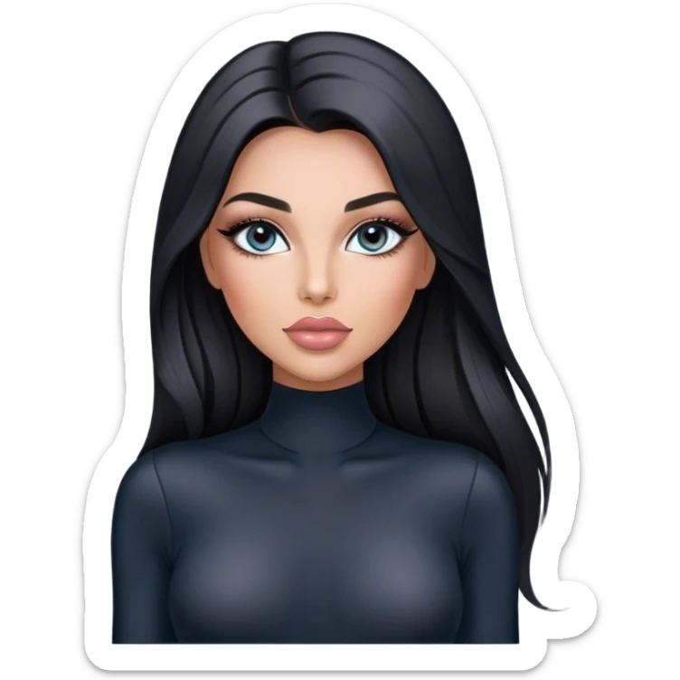 Glamours, tanned, very beautiful girl, with big pump peach-beige-rose lips, long long lashes, black straight smooth silky long hair, straight parting hair, blue-grey eyes in black long-sleeves bodysuit sticker