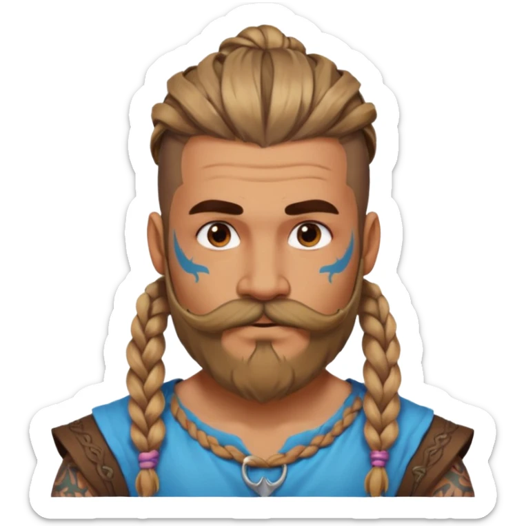 big lose braids starting from the top sides of the head hair like a unicorn man with mustache face wiith big visible loose only two braids and lots and lots of colored face tattoos colored tattoos like a tattoo artist hair unique color and beard viking  sticker