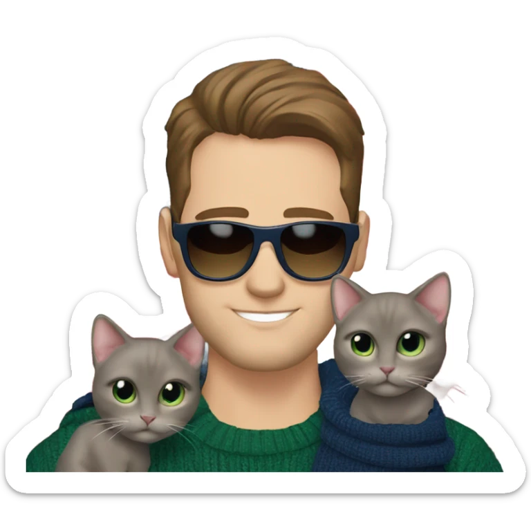 Brown hair handsome man wearing designer sunglasses. He has blueish green eyes. He is holding a hairless cat. His sweater is navy with an American flag sweater sticker