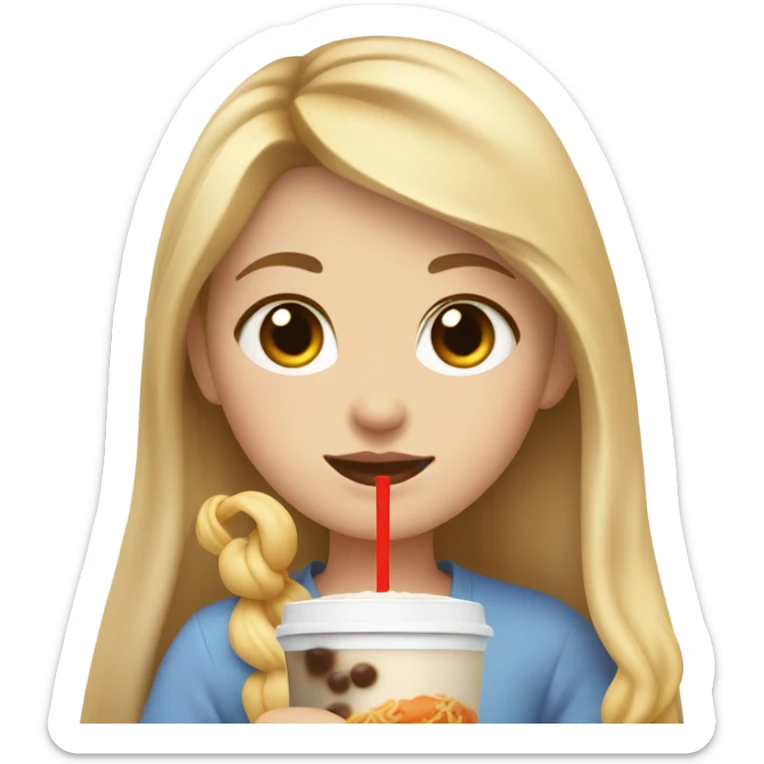  Blonde long hair girl eating Korean food and drinking boba sticker
