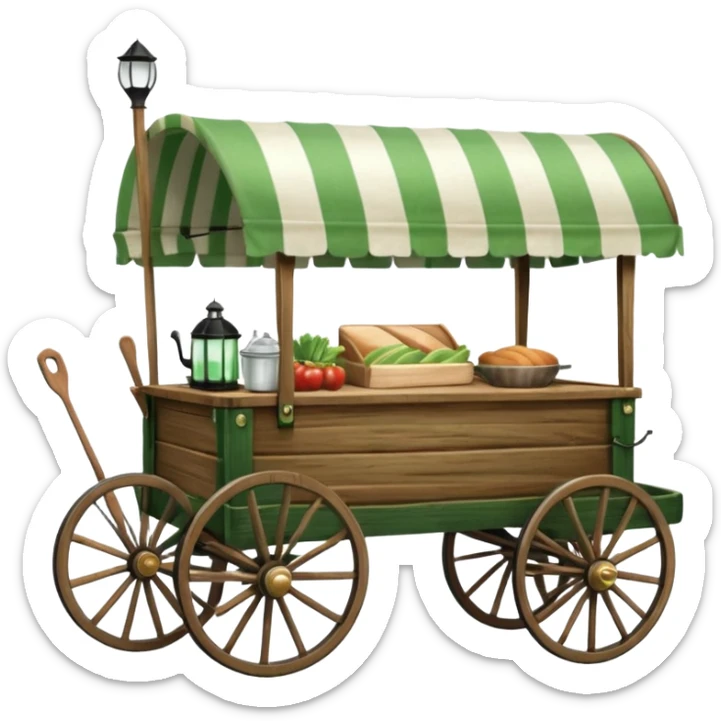 classic wooden carriage-style food wagon with four large wooden wheels, curved handles, green and white striped canopy, green flag with crossed fork and knife on the left, black lantern on the right, kitchenware inside sticker