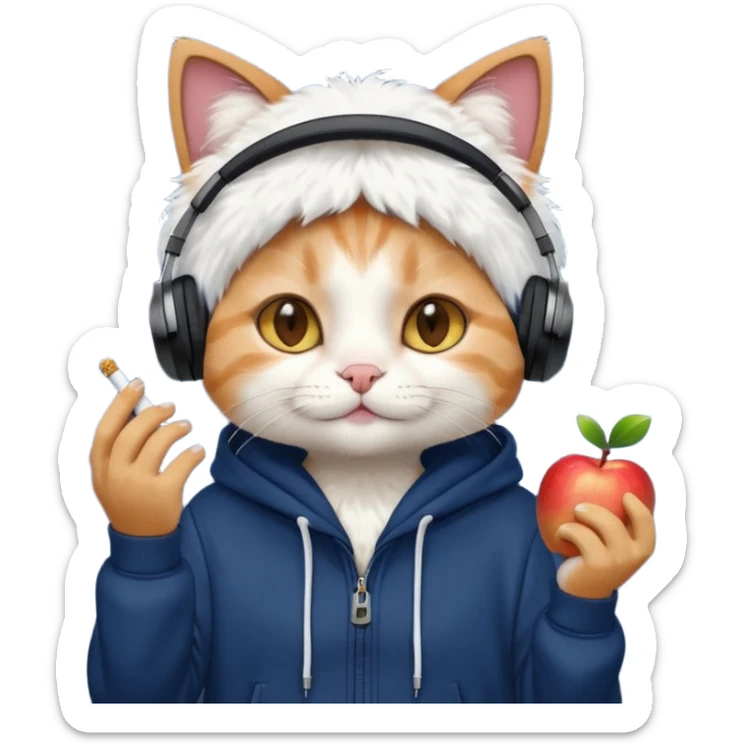 cat in headphones, in a dark-blue almost black oversized hoodie with a cigarette in his hand, more apple-like emoji  sticker
