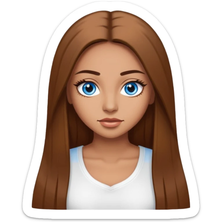 make a woman emoji with pin straight long brown hair and blue eyes with longeyelashes wearing a white top latina baddie sticker