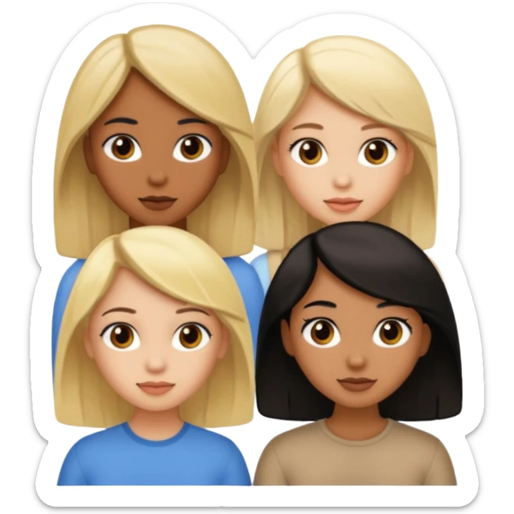 3 girls. 1 light skin with blonde hair, 1 brown skin with black hair and 1 tan skin with brown hair sticker