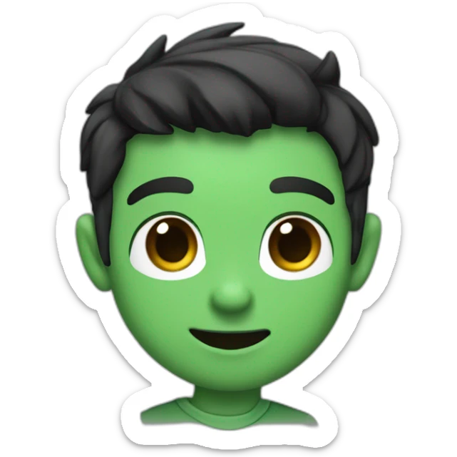 An imp with black hair and brown eyes and a smile in a green shirt with a white T-shirt and with dark brown horns on his head that turn blue at the ends sticker
