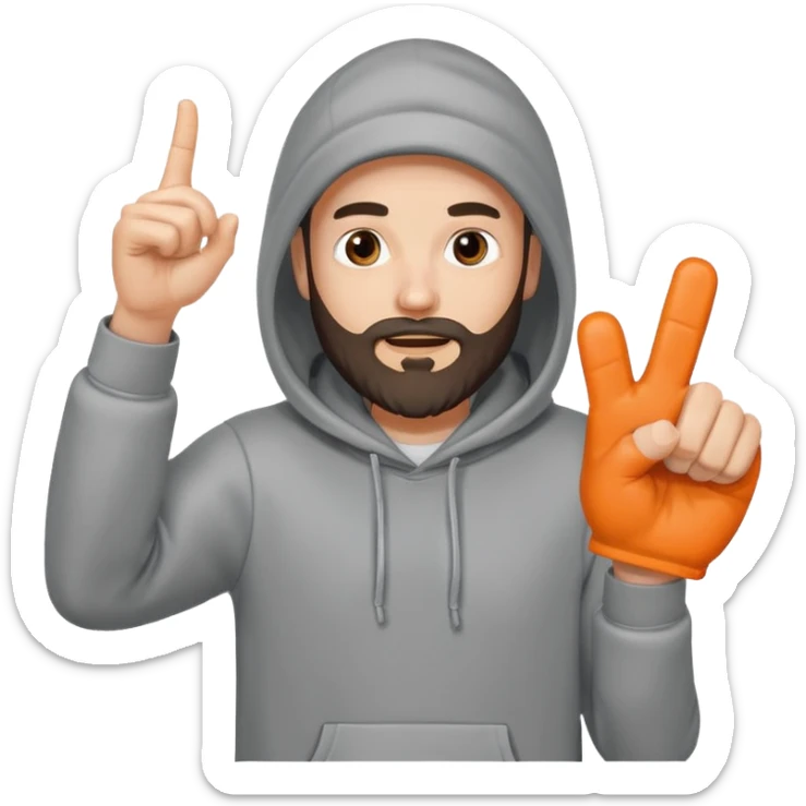 A bearded man in a hoodie, raising his foam finger with playful energy. sticker