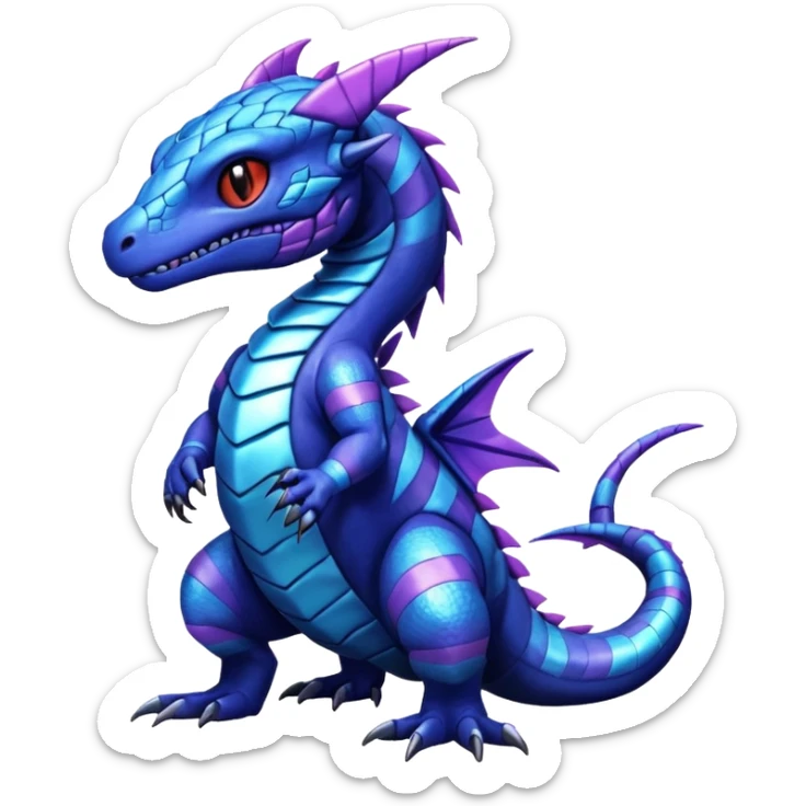 Cute Shiny striped iridescent cyan indigo blue violet Guilmon-Salandit-Fakémon-hybrid-creature (full body)  sticker