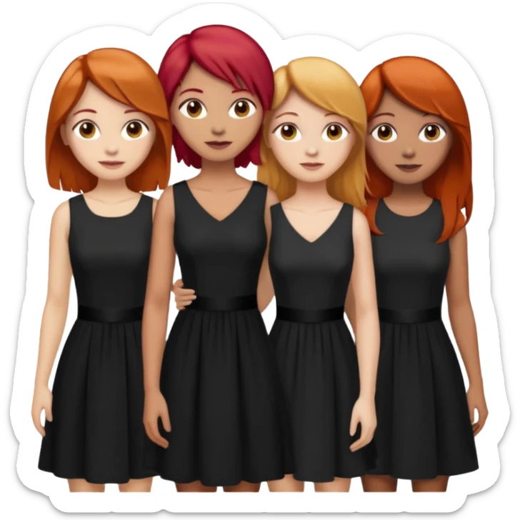 Can you create an image of 3 friends together one with red bright hair light skin one the other with brown hair with some blonde highlights in the hair fair skin the last one with light brown a tint of orange hair and black long hair with brown with dresses dark hair on one of the girls  sticker