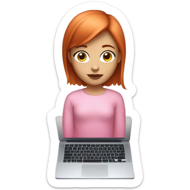 girl with straight short red hair, white skin, big pinky lips, big eyes, calm face, in pink clothes works on macbook sticker