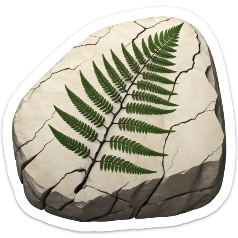 3D render of Fern Imprint, embedded in a chunk of rough sedimentary rock, cracked stone texture, ancient fossil aesthetic, black carbon imprint on a white limestone rock, matte dry finish, Apple emoji style, isolated on white background --v 6.0 sticker