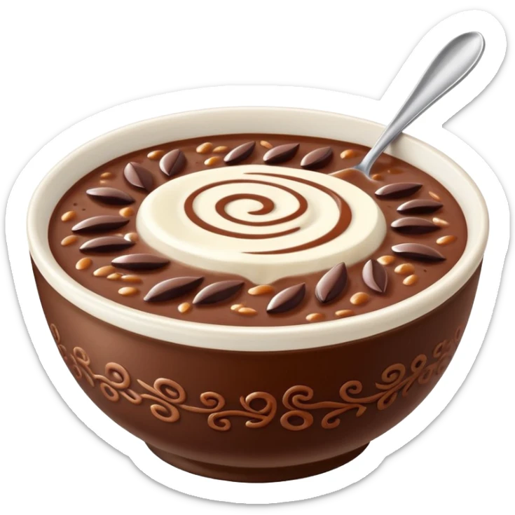 realistic emoji of champorado, detailed chocolate rice porridge in a bowl, visible rice grains, glossy chocolate texture, swirls of condensed milk on top, appetizing and true-to-life sticker