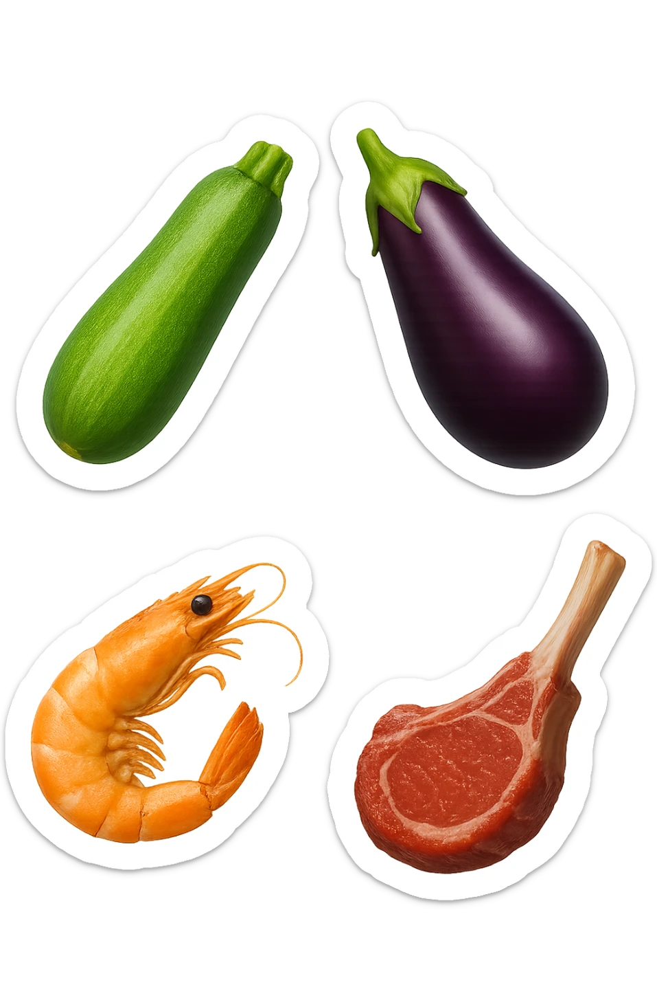 emoji stile iphone realistica zucchine, melanzane, gamberi, costoletta fluttuano in aria
IPERREALISTICO 4K sticker