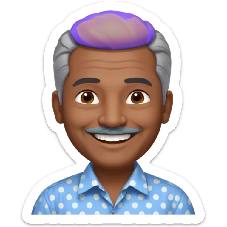 50 yr old indian man, dark skin, grey hair, big smile, white teeth, chubby, no moustache, clean shaven, young style hair, hair brushed back, 5 oclock shadow, dot on forehead, dress shirt sticker