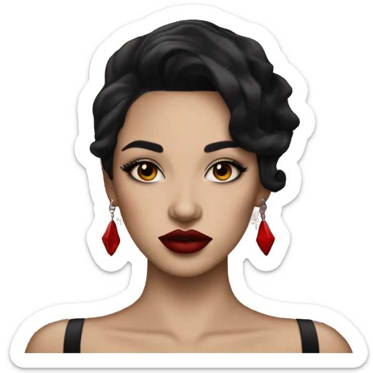 Pale black haired girl with black tattoos on body wearing red lipstick  sticker