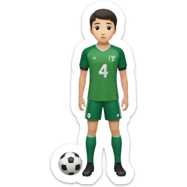 Apple iOS style 20-23 year old soccer player standing full body, green jersey #4, glossy finish sticker