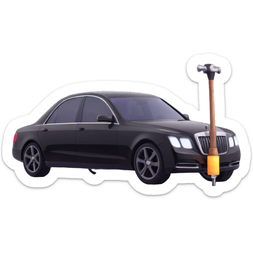 black luxury car with a visible dent, a hammer and a rod forming an X in the upper right part of the vehicle, reflection lamp illuminating the car, elegant and modern sticker