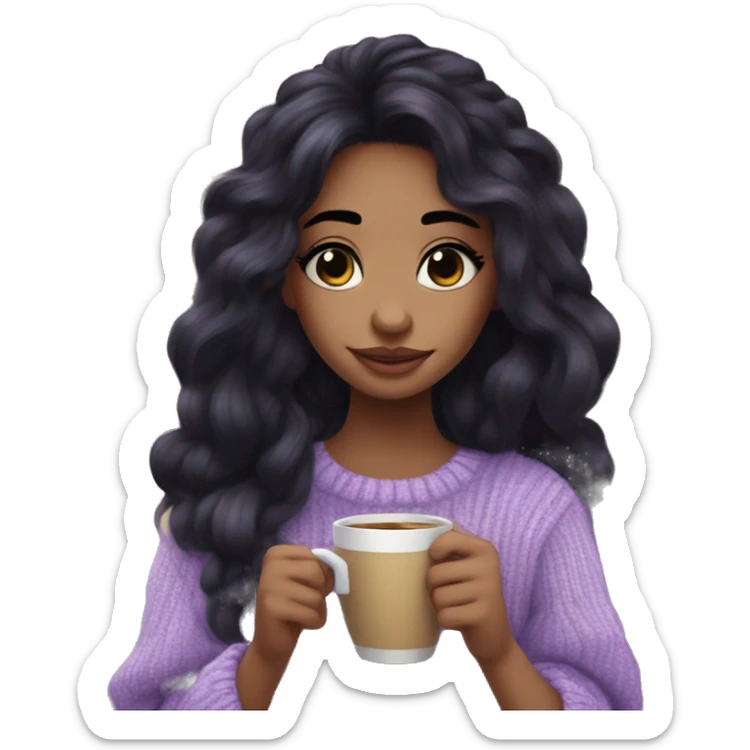 Cute girl with long black hair, long black lashes with heavy conture in lavander cozy sweather with coffe in hands sticker