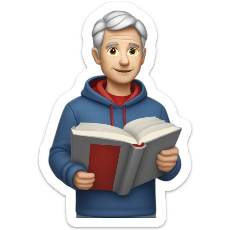 professor with very short grey hair and no beard at all that is wearing a red hoodie an is holding a white book with blue and red stripes on the top of the cover in his hand sticker