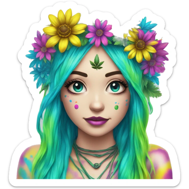 420 Tie dye hippie person flower crown tattoos hemp leaves metallic iridescent holographic blue cyan green pink yellow hazard stripes dark colours sticker