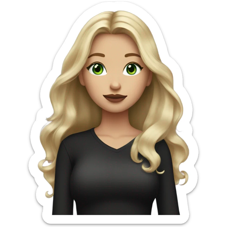 blonde balayage girl green eyes long hair mauve lips rosy cheeks black shirt sticker