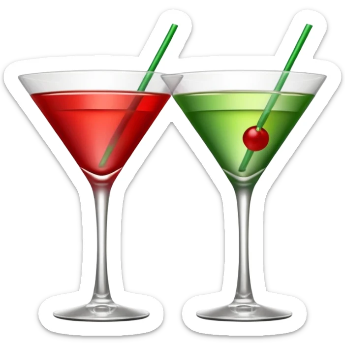 two realistic glasses of cocktail in emoji style, one is red color and one is green, martini glass shape, no straw, no fruit, no ice, no Cocktail sticks sticker