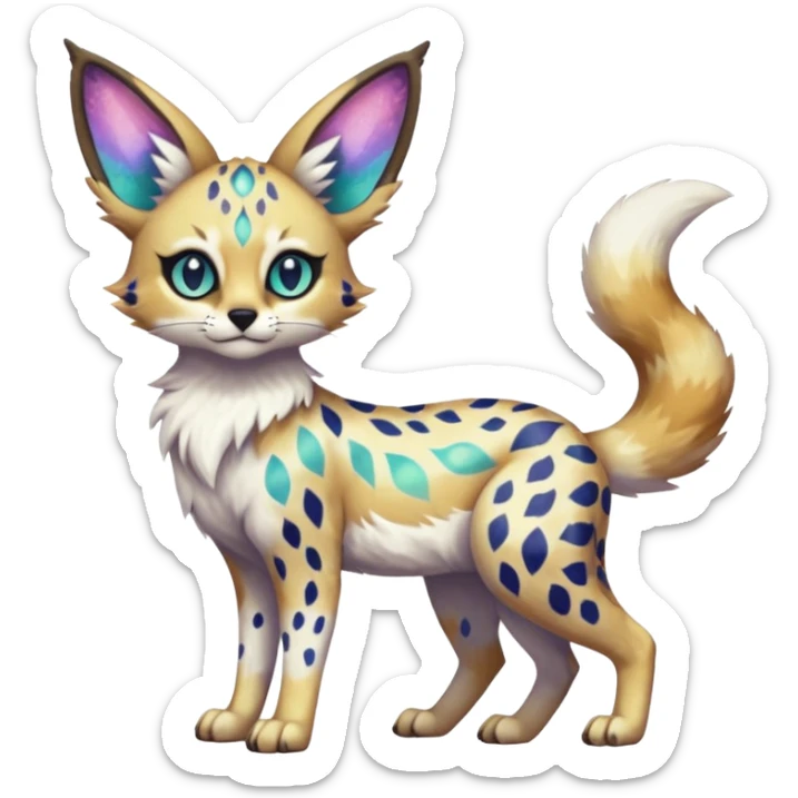 Rare iridescent white exotic epic aesthetic colorful Trico-Eevee-Serval-Genet-species-Fakemon-hybrid-creature, with intricate tattoo markings, full body sticker