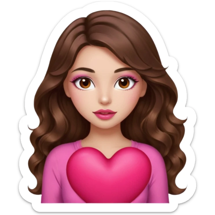 girl with long wavy brown hair, brown eyes, long lashes makeup, sexy pink lips, light to medium complexion, wearing a pink sexy top, squeezing a big heart sticker