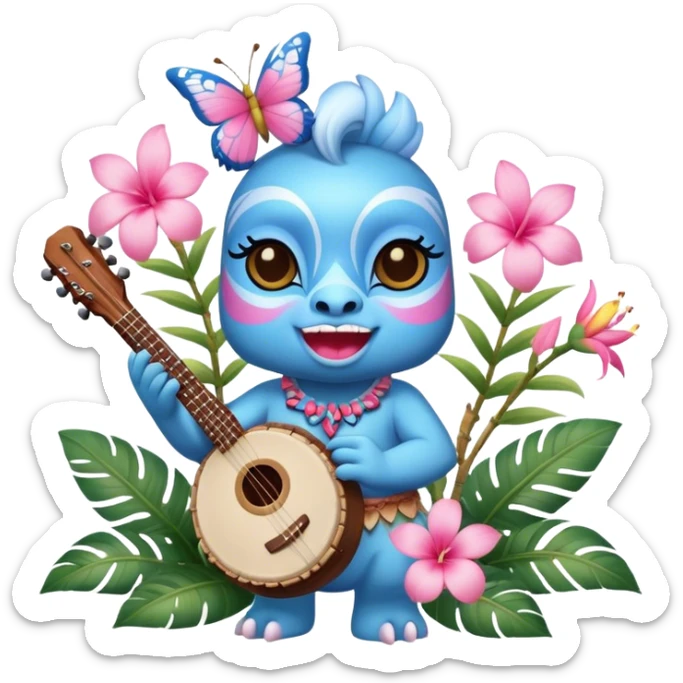 Pixar style little Blue and pink tiki singing with a butterfly, banjo, and tropical flowers, ultra detailed and lifelike imagery, realistic sticker