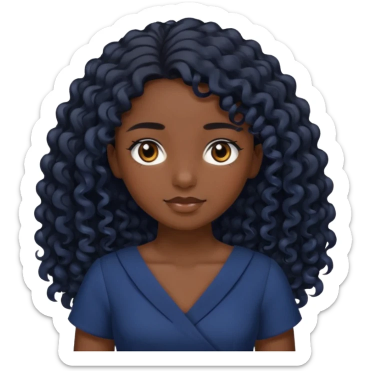 A girl with dark brown eyes Long curly black hair, slightly lighter than brownish black Navy blue dress sticker