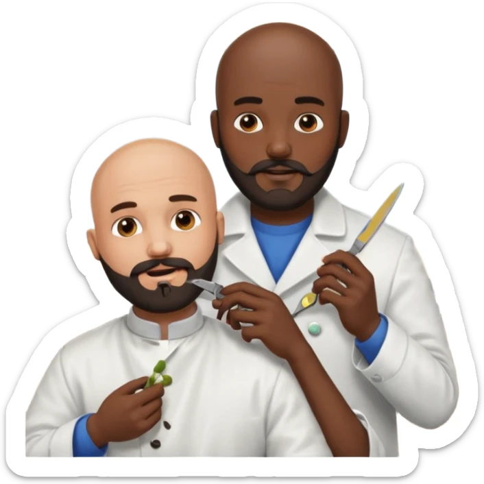 A bald man with a dark brown beard cutting someone’s hair at a barber shop and the other one is eating a poop sticker