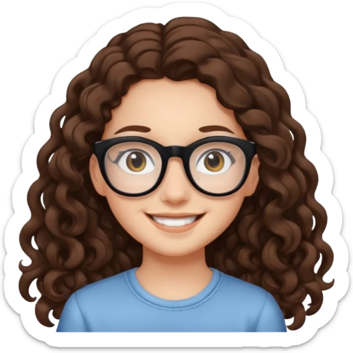 white teen girl with long brown curls and black frame glasses sticker