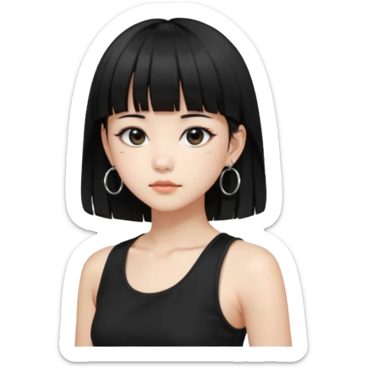 Korean girl, black tank top, black hair, black eyes, layered hair, cool girl, aesthetic, long hair, hime cut, blunt bangs, small silver hoop earrings sticker