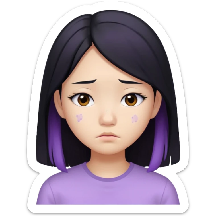 Asian girl, long black hair, lilac bando, white shirt, sad, with visible acne on her cheek sticker