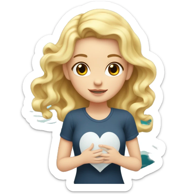 white girl with blonde wavy hair holds a heart in her hands, inside of heart there are sea waves  sticker