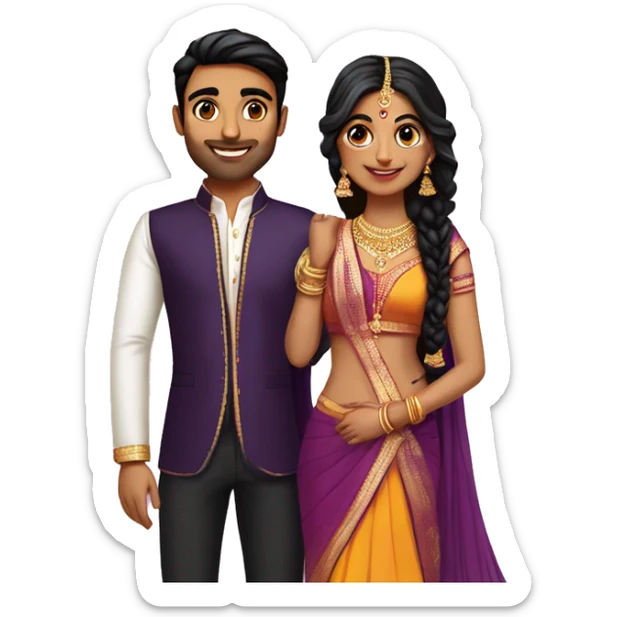 south indian girl fair with hair wearing dark purple lengha marrying south indian guy with straight hair and wearing silver black pants in  sticker