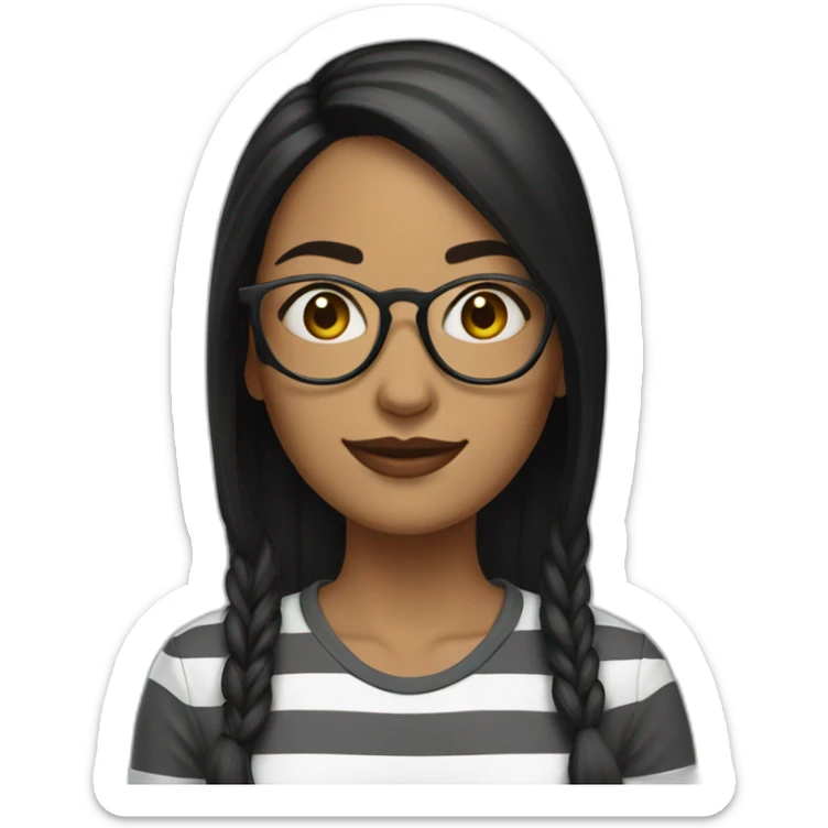 woman, black mid long hair, glasses on top of her head, long shirt with stripes sticker