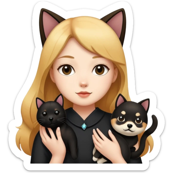 The girl is holding a black cat and a Shiba Inu sticker