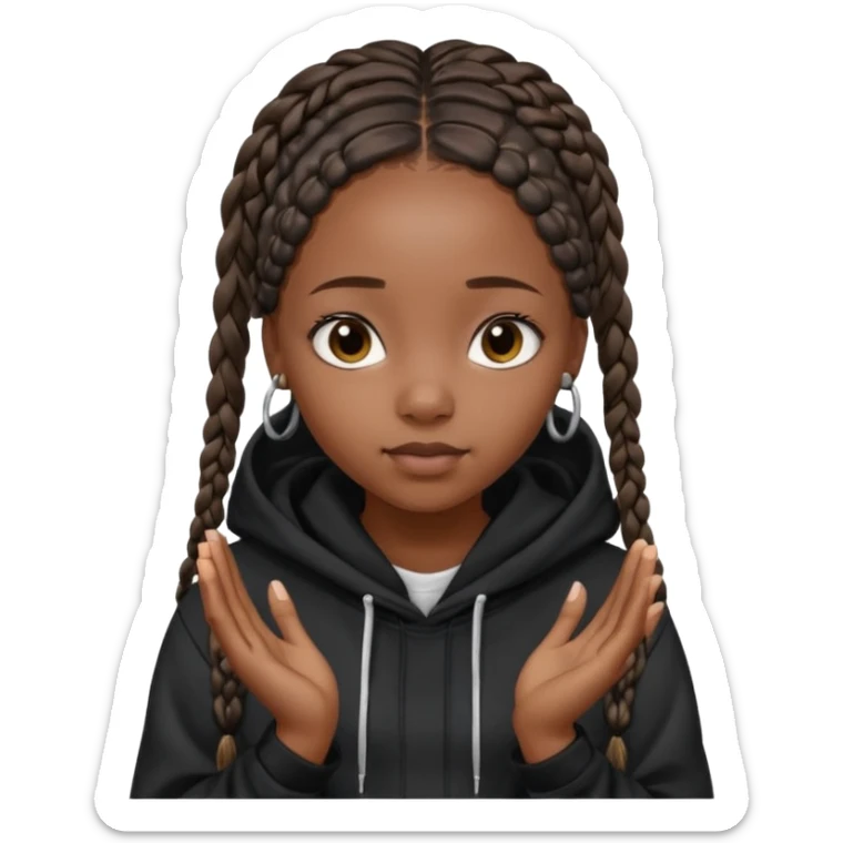 African American girl dark skin with long box braids and plain black hoodie with prayer hands sticker