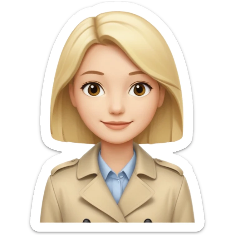 Cewe Kalem Kulit putih halus, rambut blonde panjang lurus rapi, belah samping. Pakai trench beige terang atau cream soff sticker